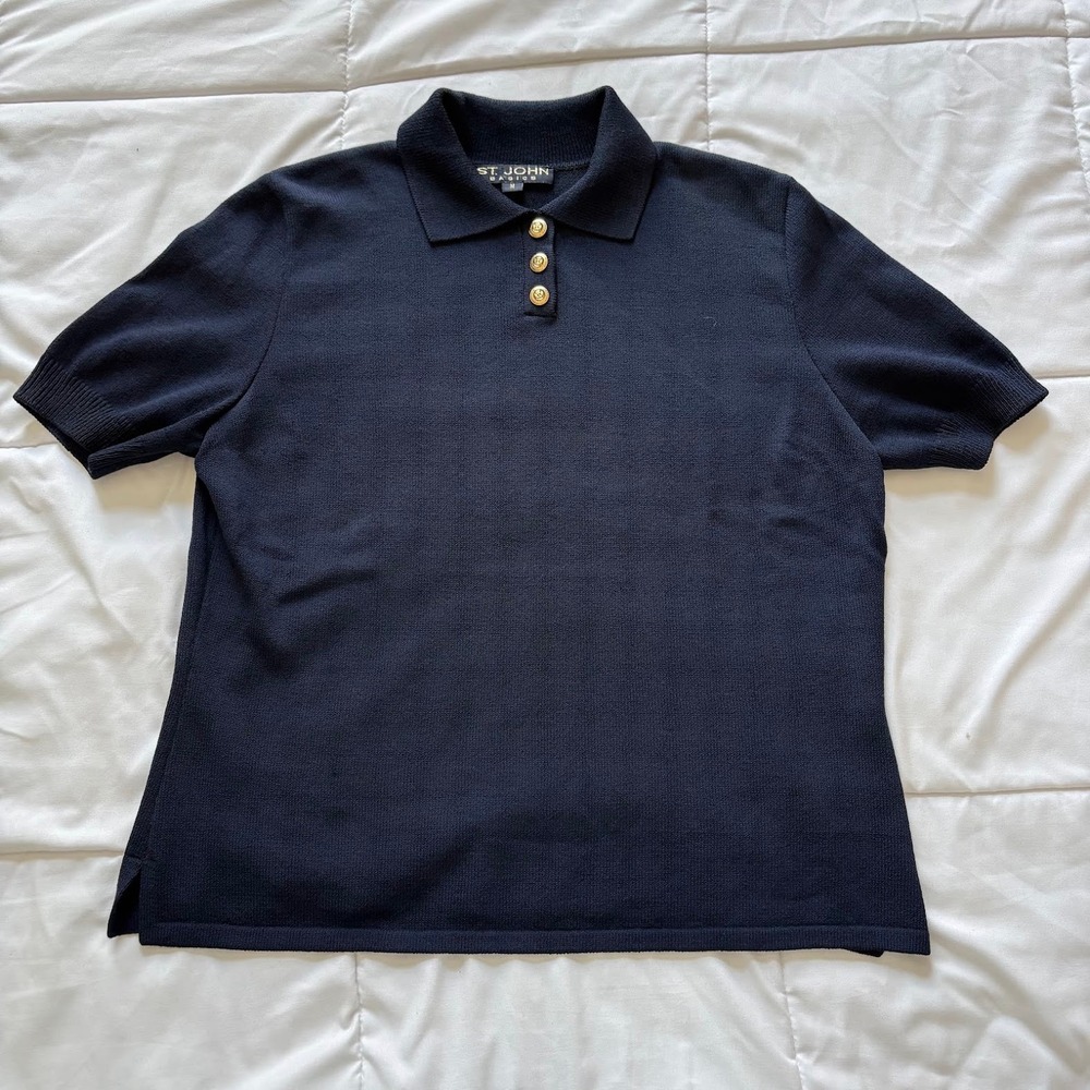 St. John Navy Short Sleeve Polo with Gold Buttons